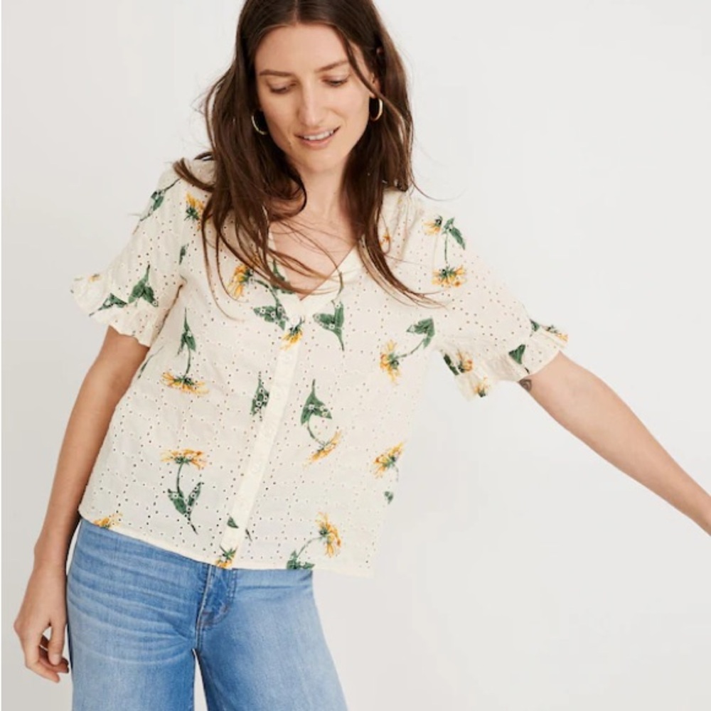 Eyelet Village Ruffle-Sleeve Shirt in Sunflower Scatter